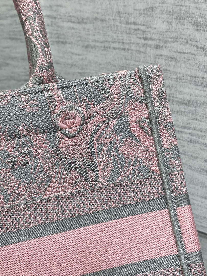 Dior M1265 Small Book Tote Pink and Gray Toile de Jouy Sauvage Embroidery
