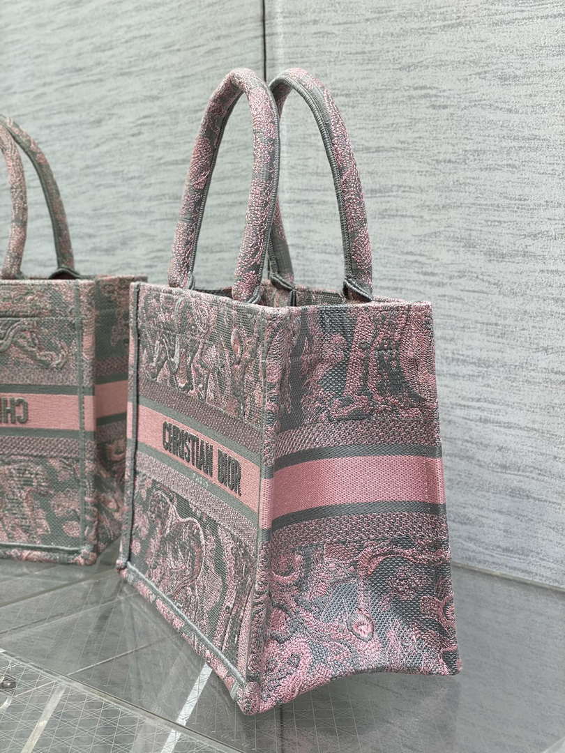 Dior M1265 Small Book Tote Pink and Gray Toile de Jouy Sauvage Embroidery