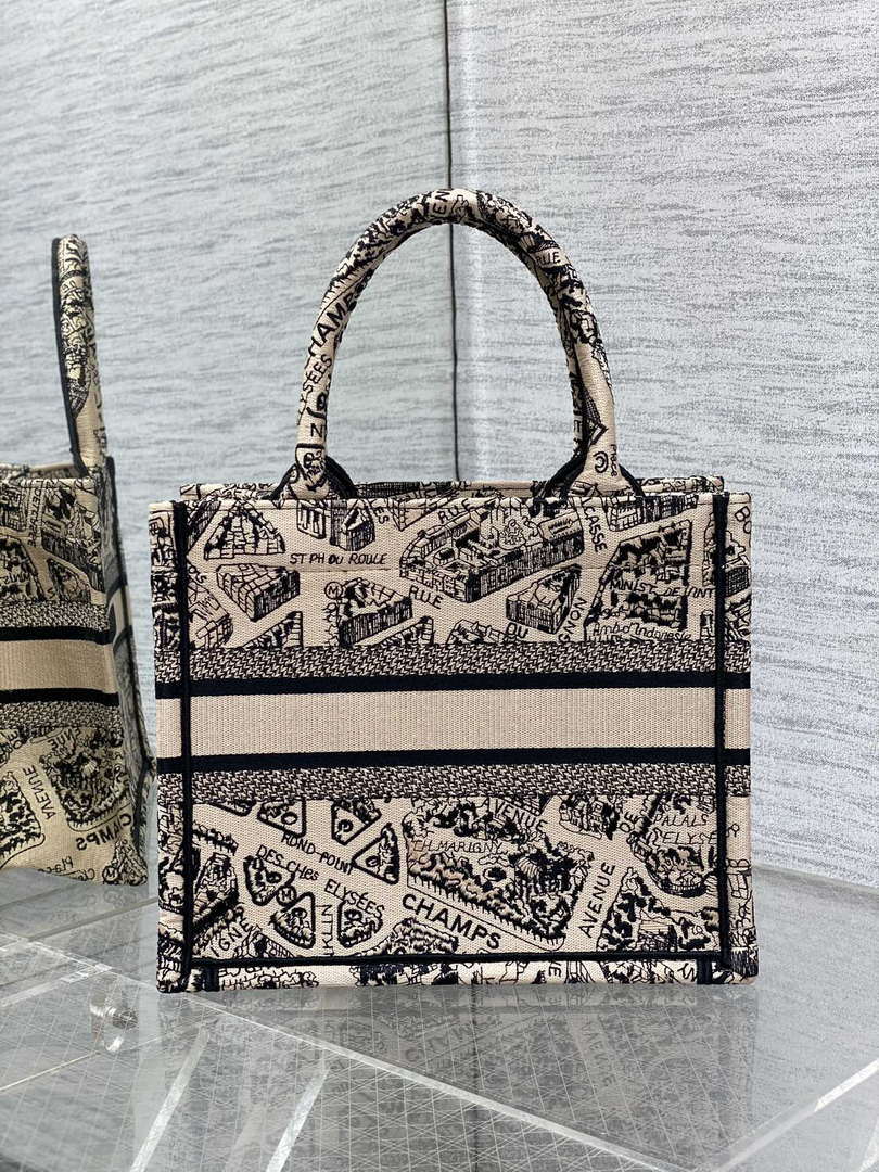 Dior M1265 Small Book Tote Tan and Black Plan de Paris Embroidery M9617