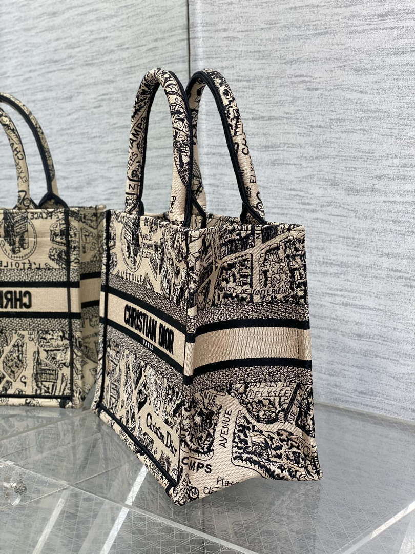 Dior M1265 Small Book Tote Tan and Black Plan de Paris Embroidery M9617