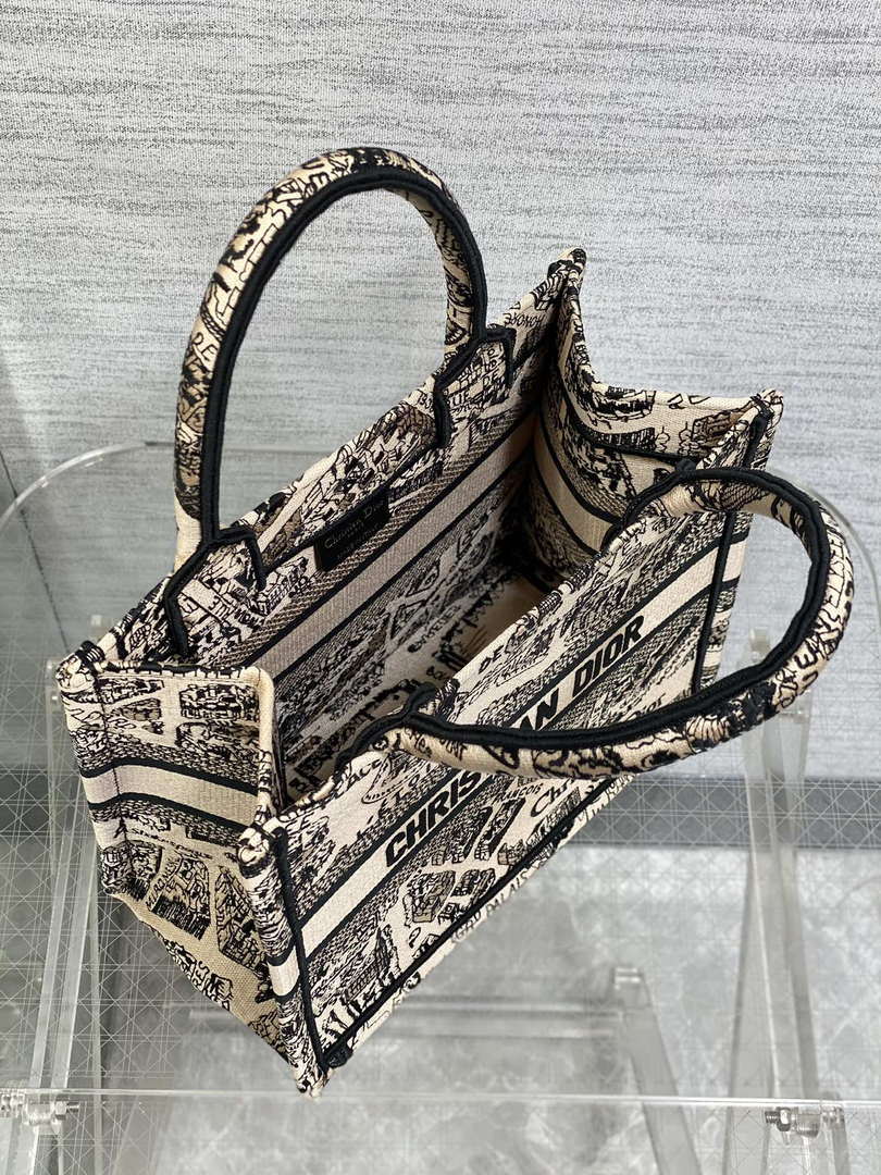 Dior M1265 Small Book Tote Tan and Black Plan de Paris Embroidery M9617