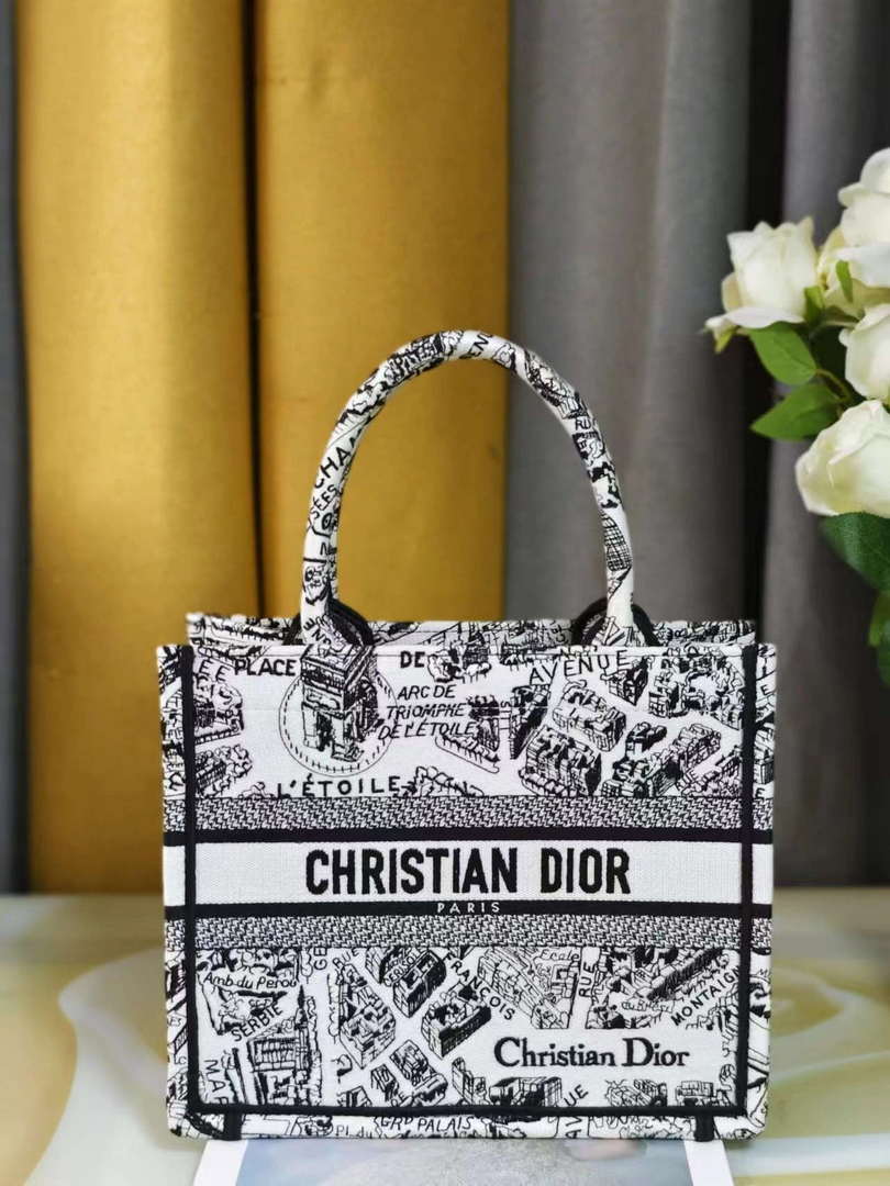Dior M1265 Small Book Tote White and Black Plan de Paris Embroidery M9616 - Default Title - View 1