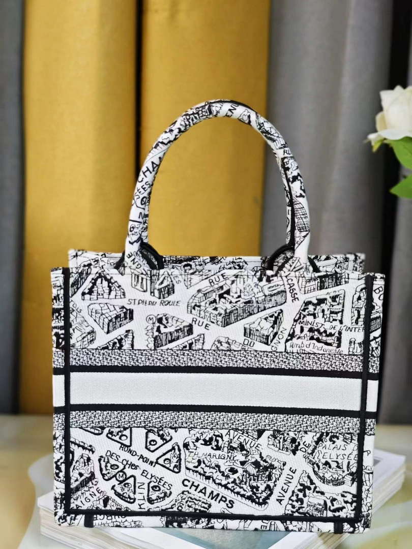 Dior M1265 Small Book Tote White and Black Plan de Paris Embroidery M9616