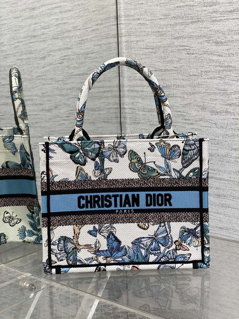 Dior M1265 Small Book Tote White and Pastel Midnight Blue Toile de Jouy Mexico Embroidery - Default Title - View 1