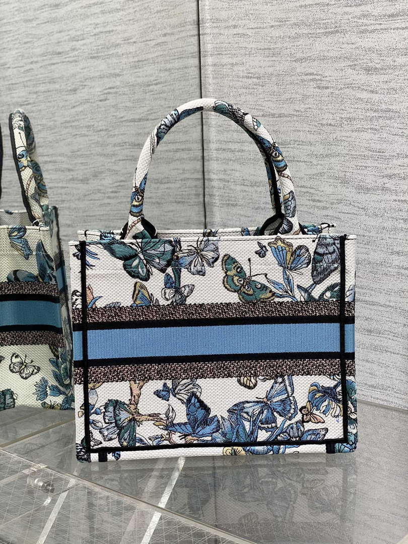 Dior M1265 Small Book Tote White and Pastel Midnight Blue Toile de Jouy Mexico Embroidery - Default Title - View 4