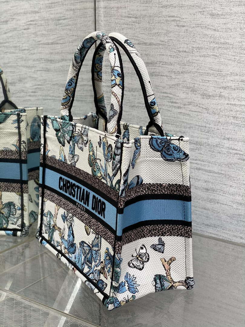 Dior M1265 Small Book Tote White and Pastel Midnight Blue Toile de Jouy Mexico Embroidery