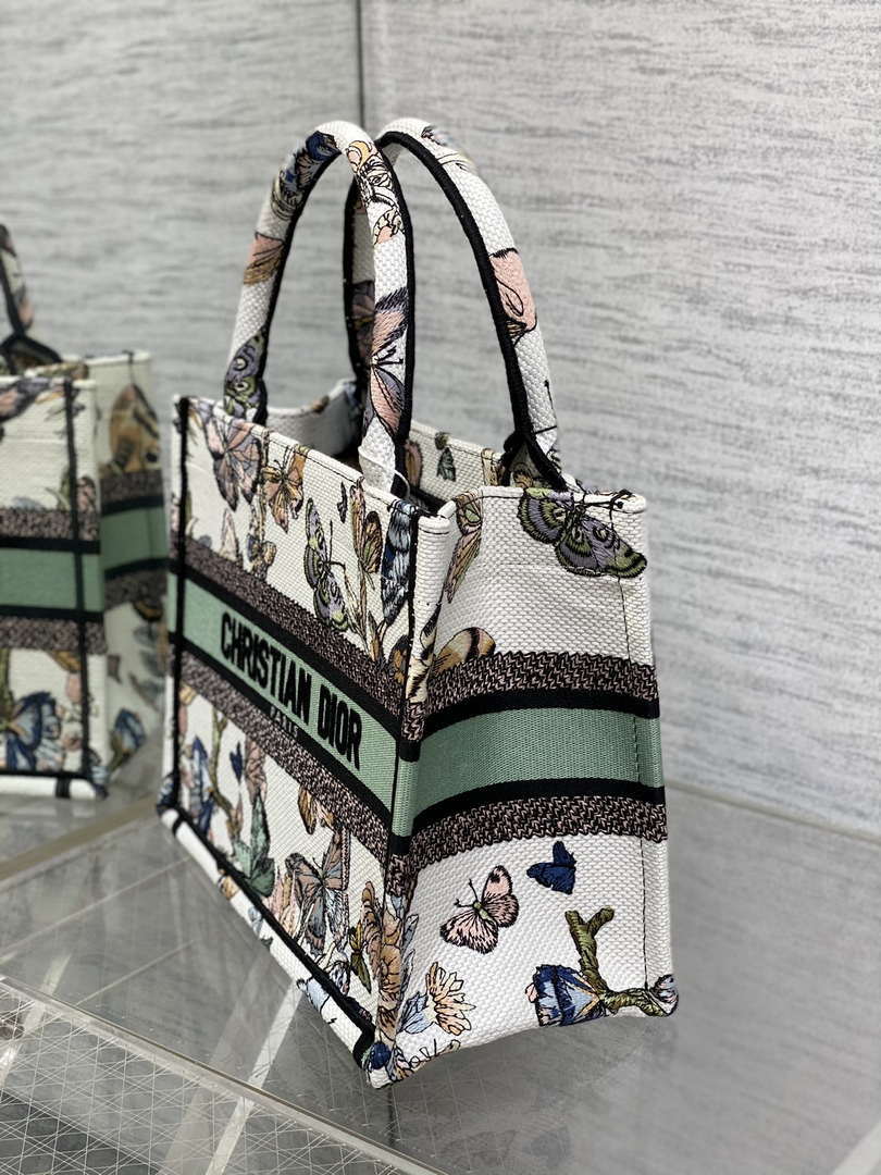 Dior M1265 Small Book Tote White and Pastel Midnight Green Toile de Jouy Mexico Embroidery