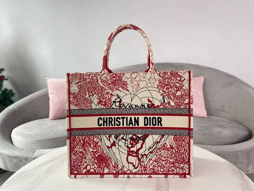 Dior M1286 DIORAMOUR DIOR BOOK TOTE Red and White D-Royaume d'Amour Embroidery