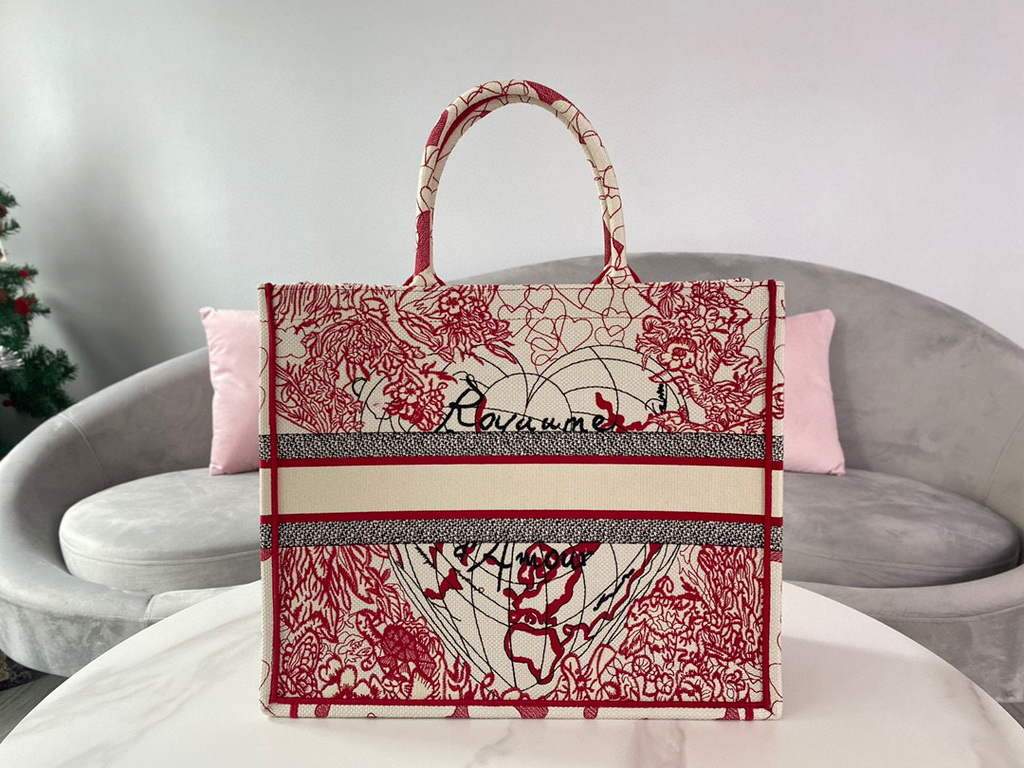 Dior M1286 DIORAMOUR DIOR BOOK TOTE Red and White D-Royaume d'Amour Embroidery