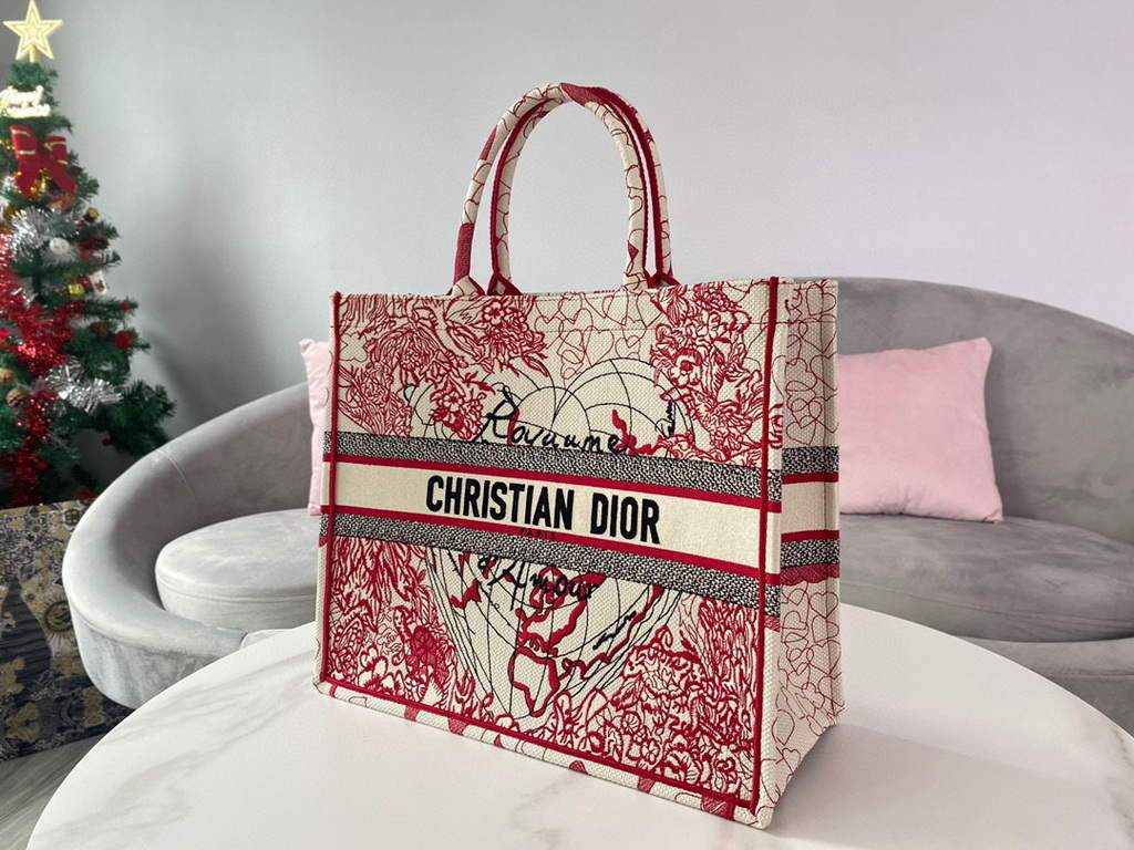 Dior M1286 DIORAMOUR DIOR BOOK TOTE Red and White D-Royaume d'Amour Embroidery