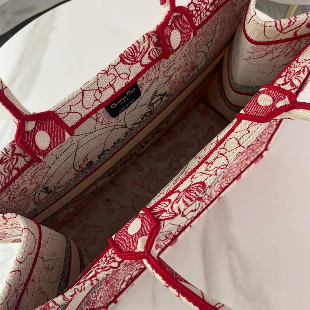 Dior M1286 DIORAMOUR DIOR BOOK TOTE Red and White D-Royaume d'Amour Embroidery