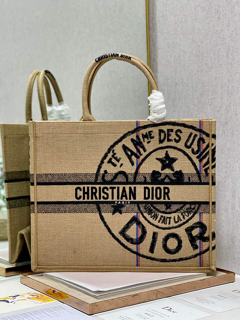 Dior M1286 Large Book Tote Beige jute fabric with Union motif embroidery - Default Title - View 1