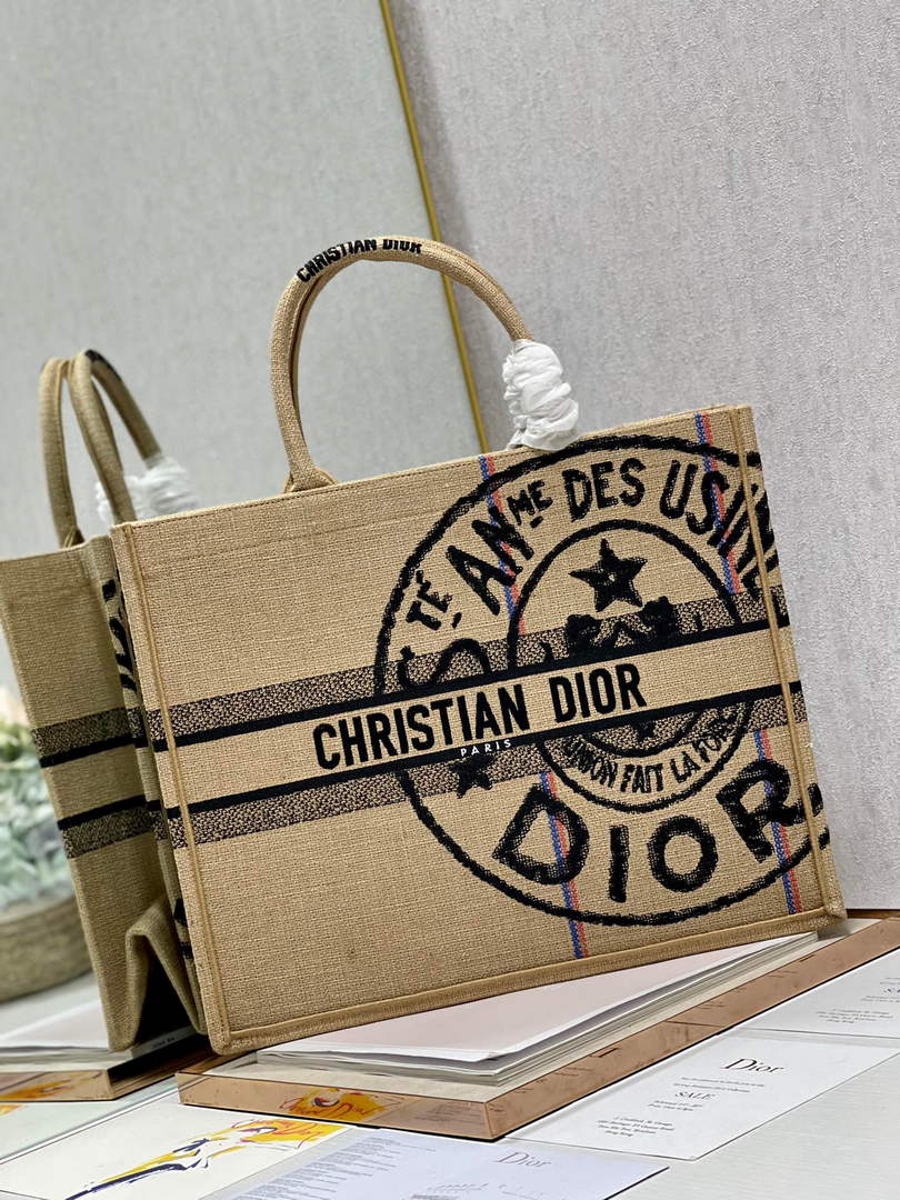 Dior M1286 Large Book Tote Beige jute fabric with Union motif embroidery - Default Title - View 2