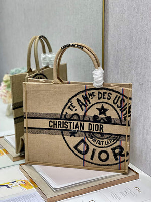 Dior M1286 Large Book Tote Beige jute fabric with Union motif embroidery - Default Title - View 3