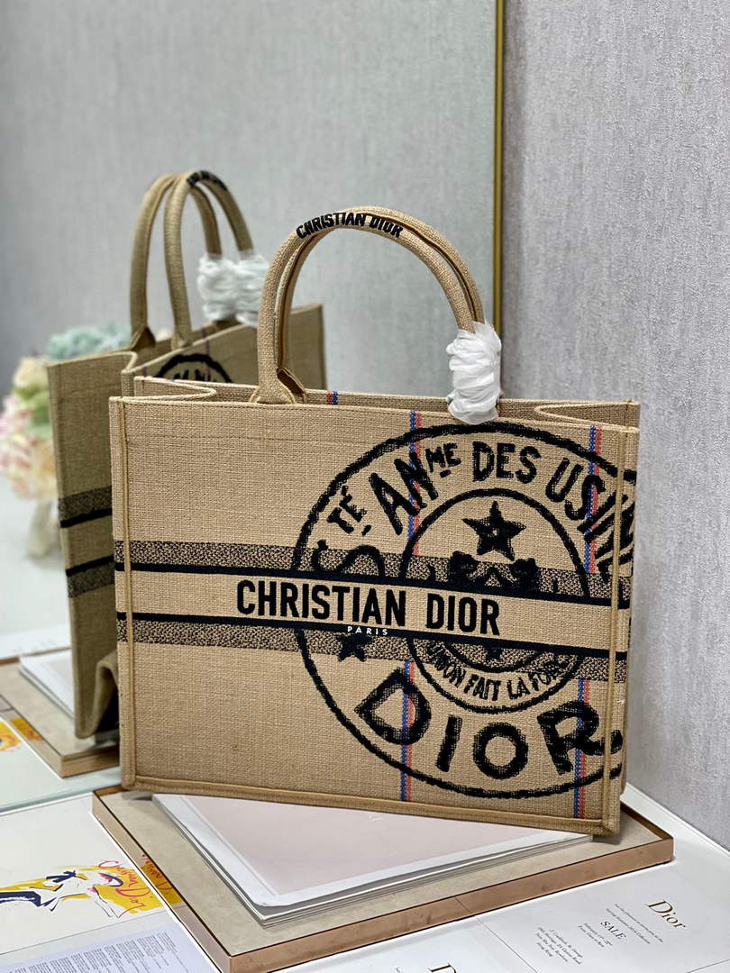 Dior M1286 Large Book Tote Beige jute fabric with Union motif embroidery - Default Title - View 3