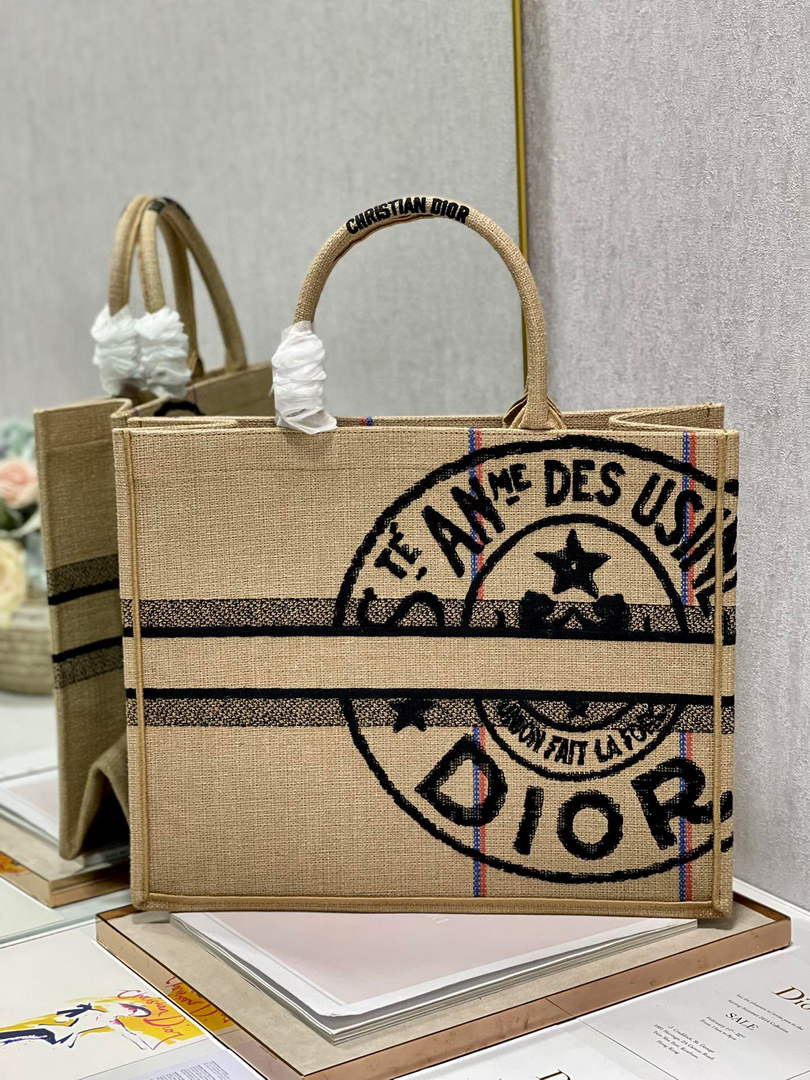 Dior M1286 Large Book Tote Beige jute fabric with Union motif embroidery - Default Title - View 6