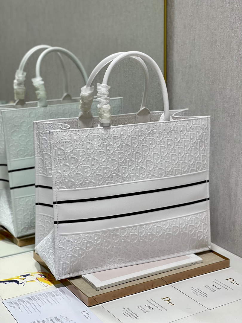Dior M1286 Large Book Tote White Perforated and Embossed Oblique Calfskin