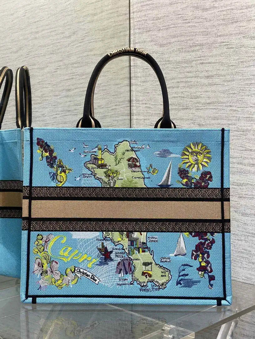 Dior M1286 Souvenir Large Dior Book Tote Natural Raffia and Multicolor Embroidered M1137