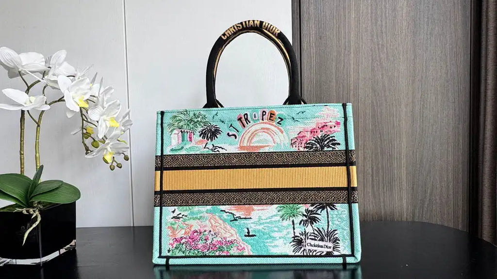 Dior M1286 Souvenir Large Dior Book Tote Natural Raffia and Multicolor Embroidered M1140