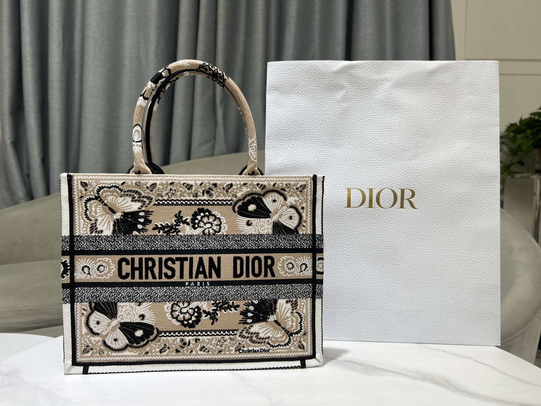 Dior M1296 Book Tote Medium Beige and White Butterfly Bandana Embroidery M095 - Default Title - View 1