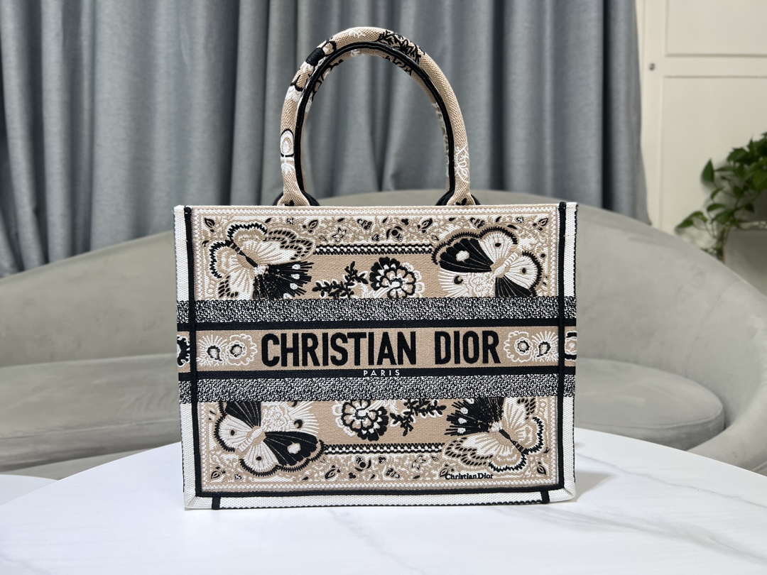 Dior M1296 Book Tote Medium Beige and White Butterfly Bandana Embroidery M095