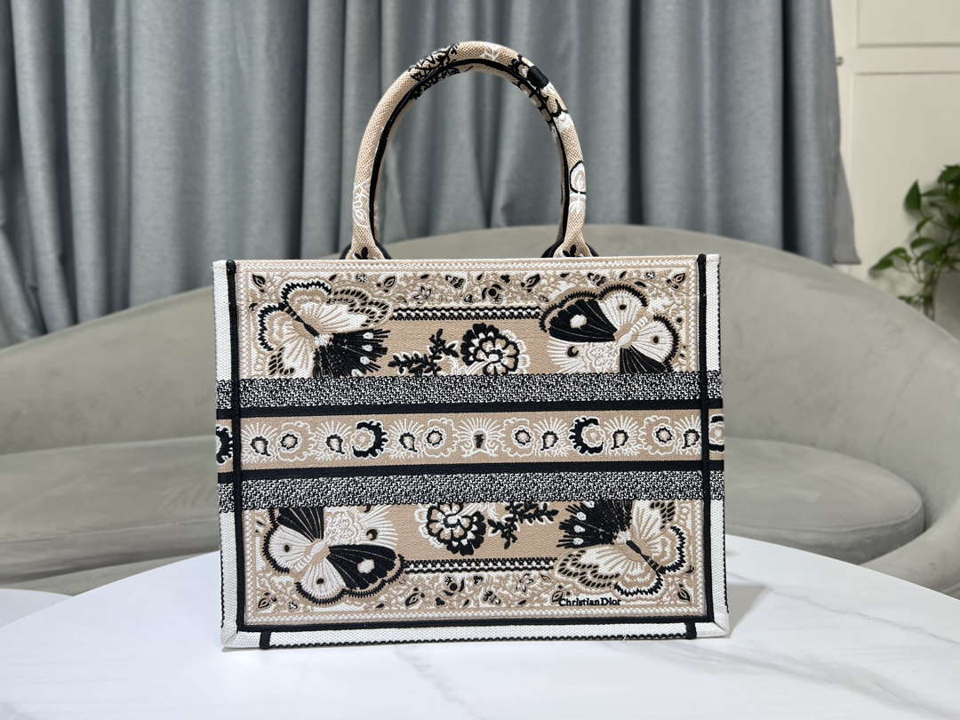 Dior M1296 Book Tote Medium Beige and White Butterfly Bandana Embroidery M095
