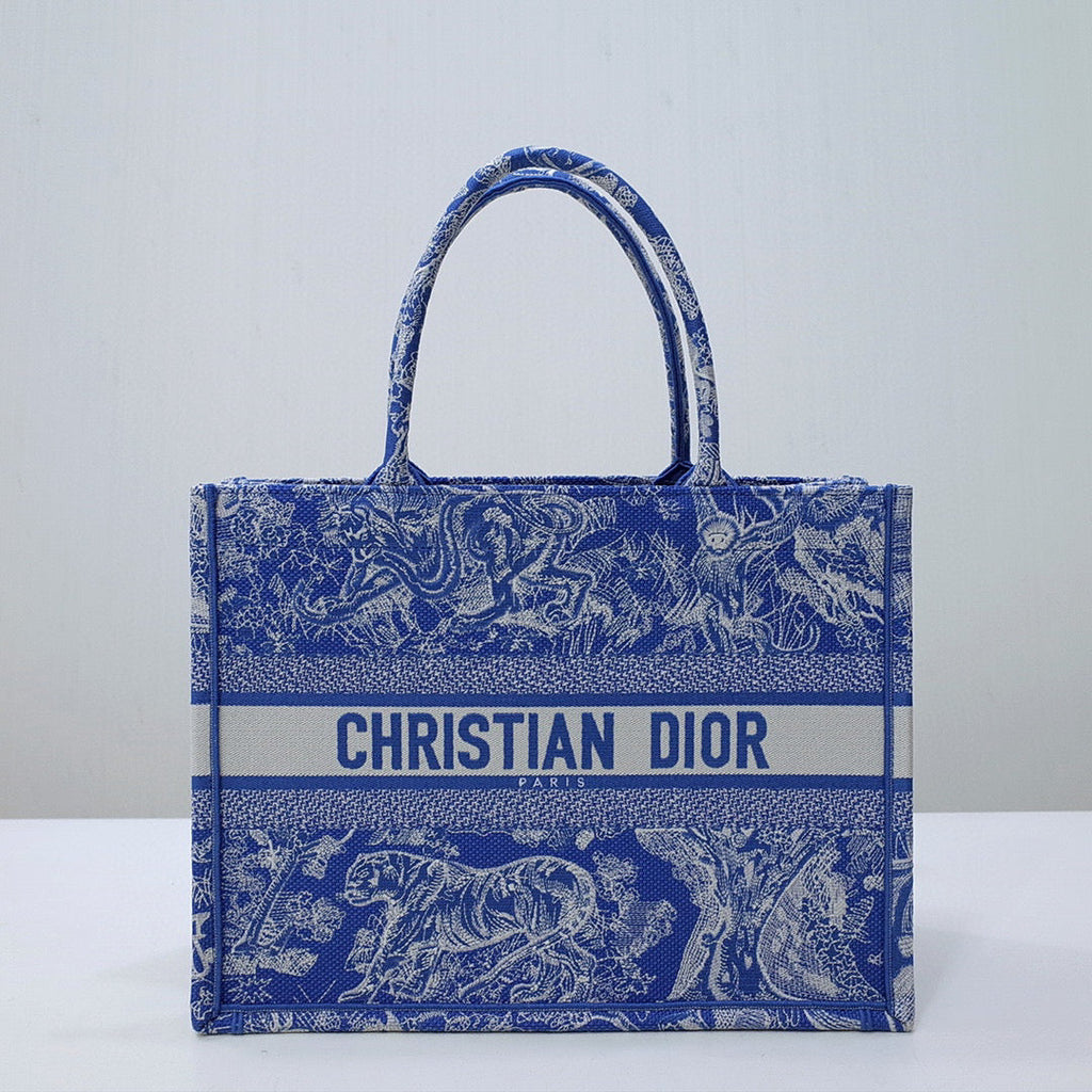 Dior M1296 Book Tote Medium Neon Blue Toile de Jouy Reverse Embroidery