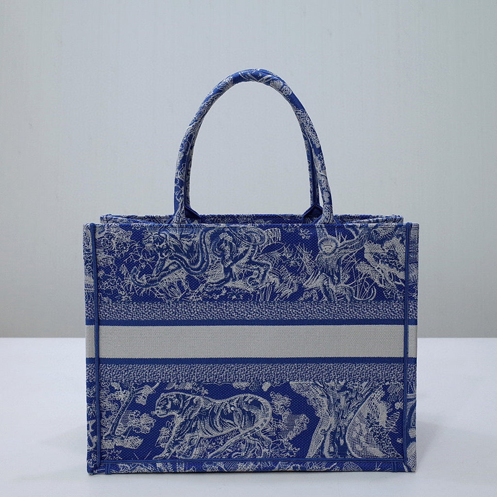 Dior M1296 Book Tote Medium Neon Blue Toile de Jouy Reverse Embroidery