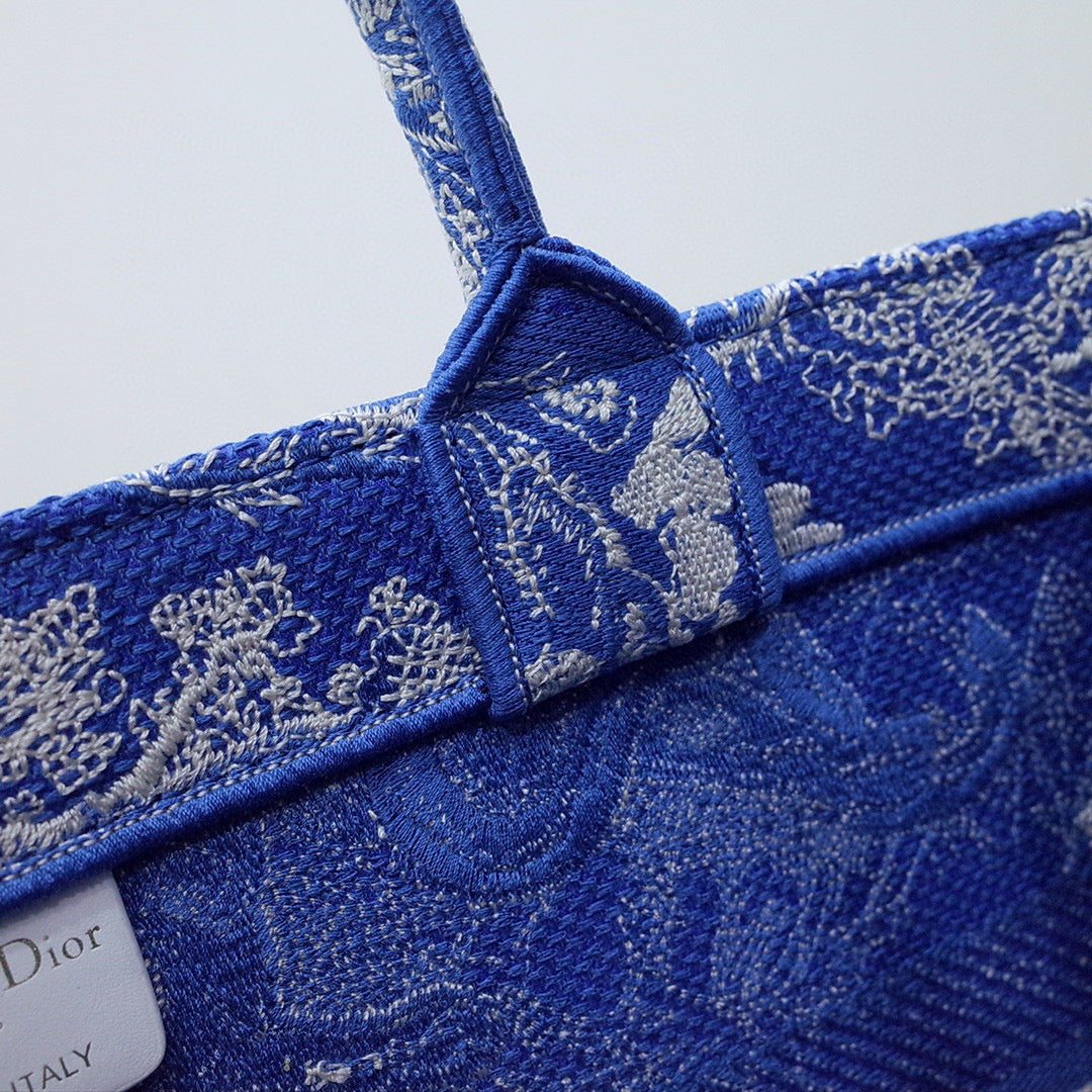 Dior M1296 Book Tote Medium Neon Blue Toile de Jouy Reverse Embroidery