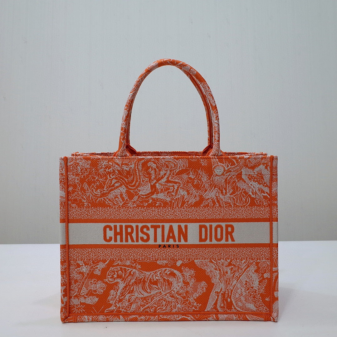 Dior M1296 Book Tote Medium Neon Orange Toile de Jouy Reverse Embroidery - Default Title - View 1