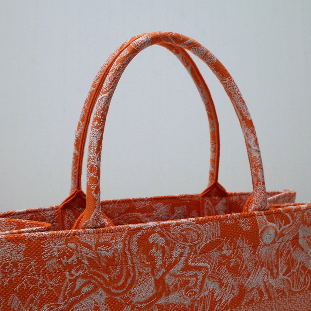 Dior M1296 Book Tote Medium Neon Orange Toile de Jouy Reverse Embroidery
