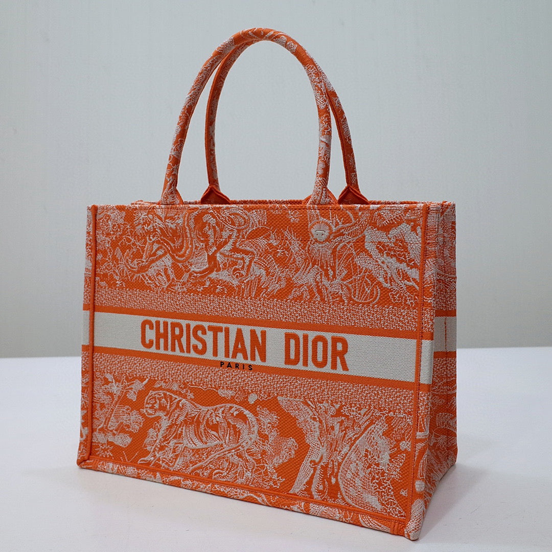 Dior M1296 Book Tote Medium Neon Orange Toile de Jouy Reverse Embroidery - Default Title - View 4