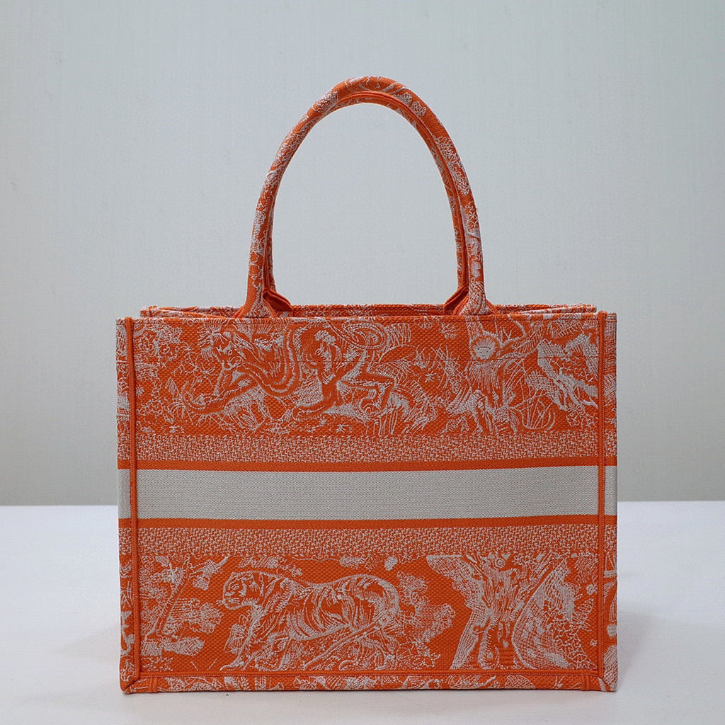 Dior M1296 Book Tote Medium Neon Orange Toile de Jouy Reverse Embroidery