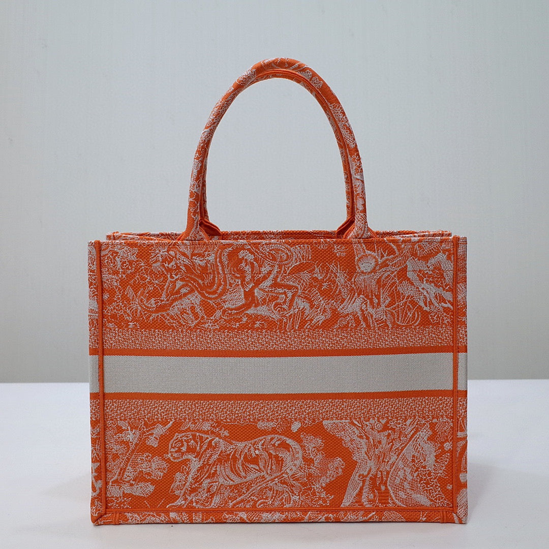 Dior M1296 Book Tote Medium Neon Orange Toile de Jouy Reverse Embroidery
