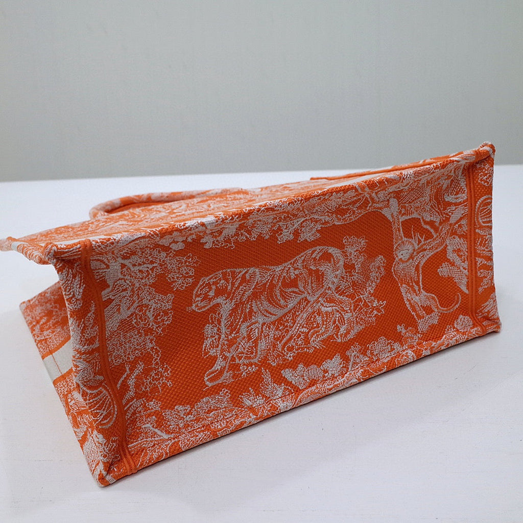 Dior M1296 Book Tote Medium Neon Orange Toile de Jouy Reverse Embroidery