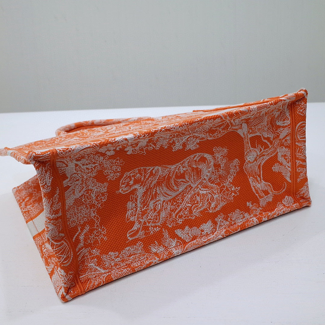 Dior M1296 Book Tote Medium Neon Orange Toile de Jouy Reverse Embroidery