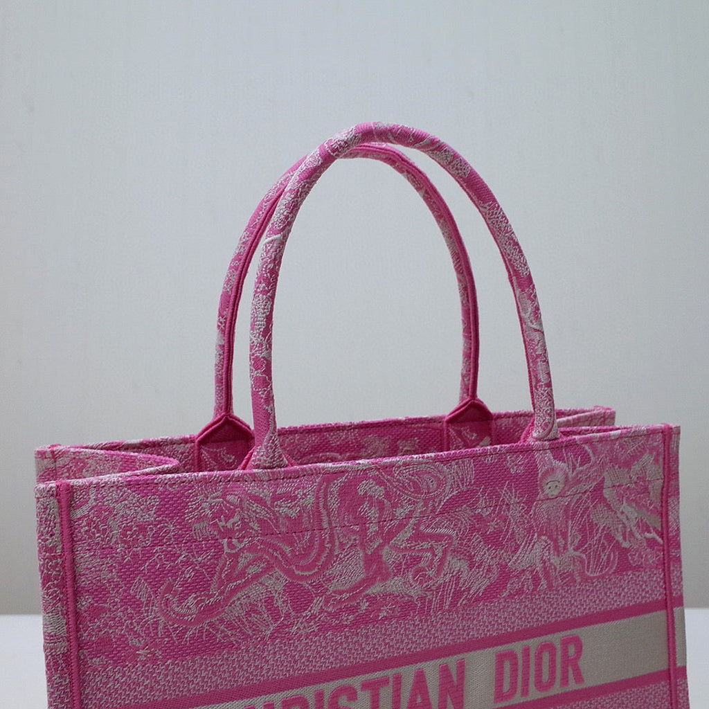 Dior M1296 Book Tote Medium Neon pink Toile de Jouy Reverse Embroidery
