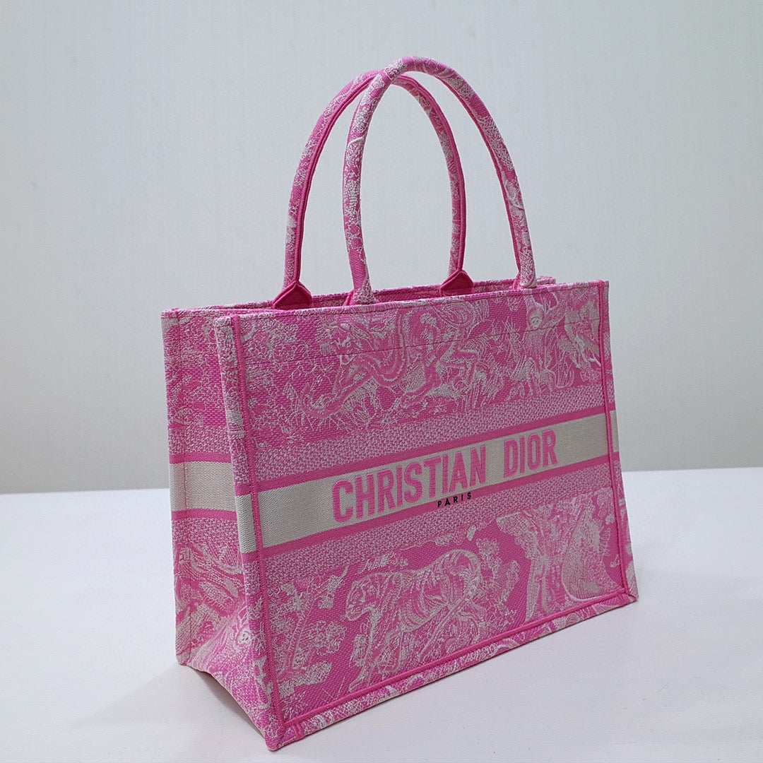 Dior M1296 Book Tote Medium Neon pink Toile de Jouy Reverse Embroidery