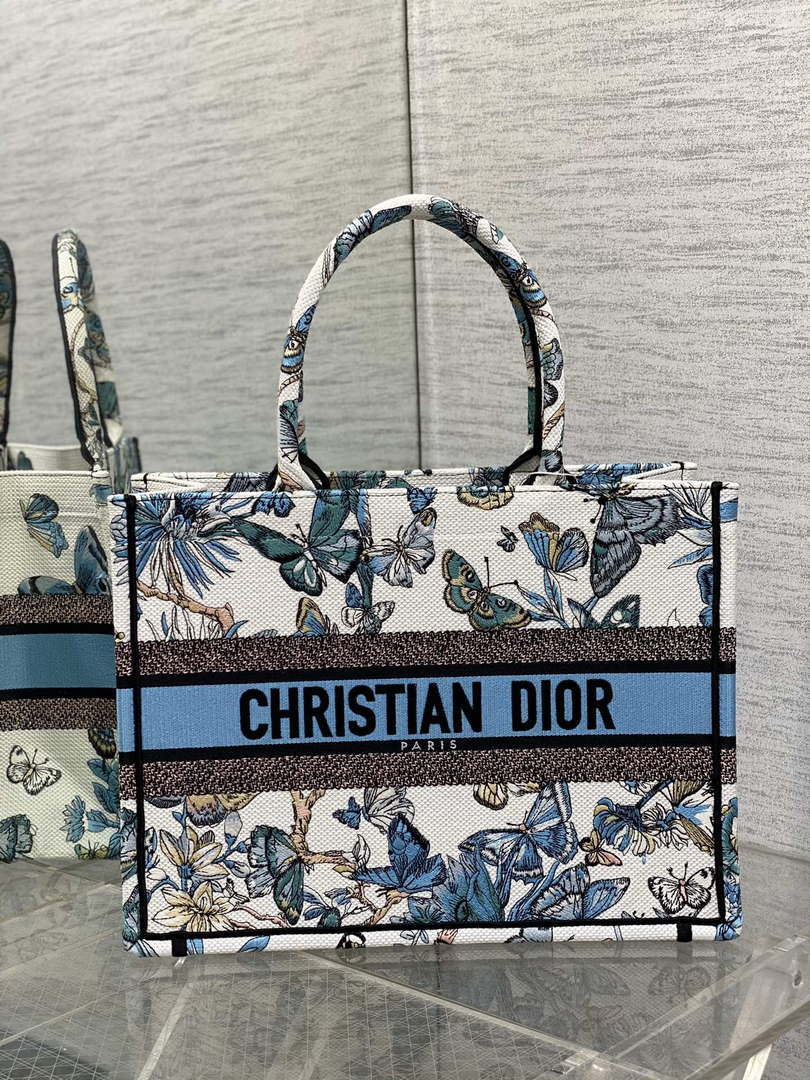 Dior M1296 Book Tote Medium White with Blue  Butterfly Bandana Embroidery M104