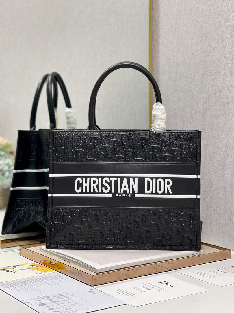 Dior M1296 Medium Book Tote Black Perforated and Embossed Oblique Calfskin - Default Title - View 1