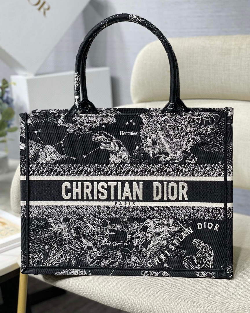 Dior M1296 Medium Book Tote Black Toile de Jouy Zodiac latte embroidery - Default Title - View 1