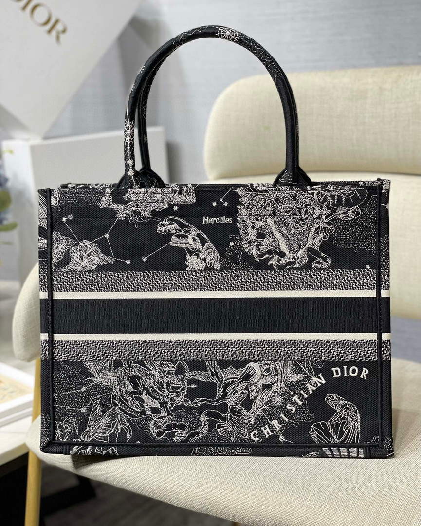 Dior M1296 Medium Book Tote Black Toile de Jouy Zodiac latte embroidery