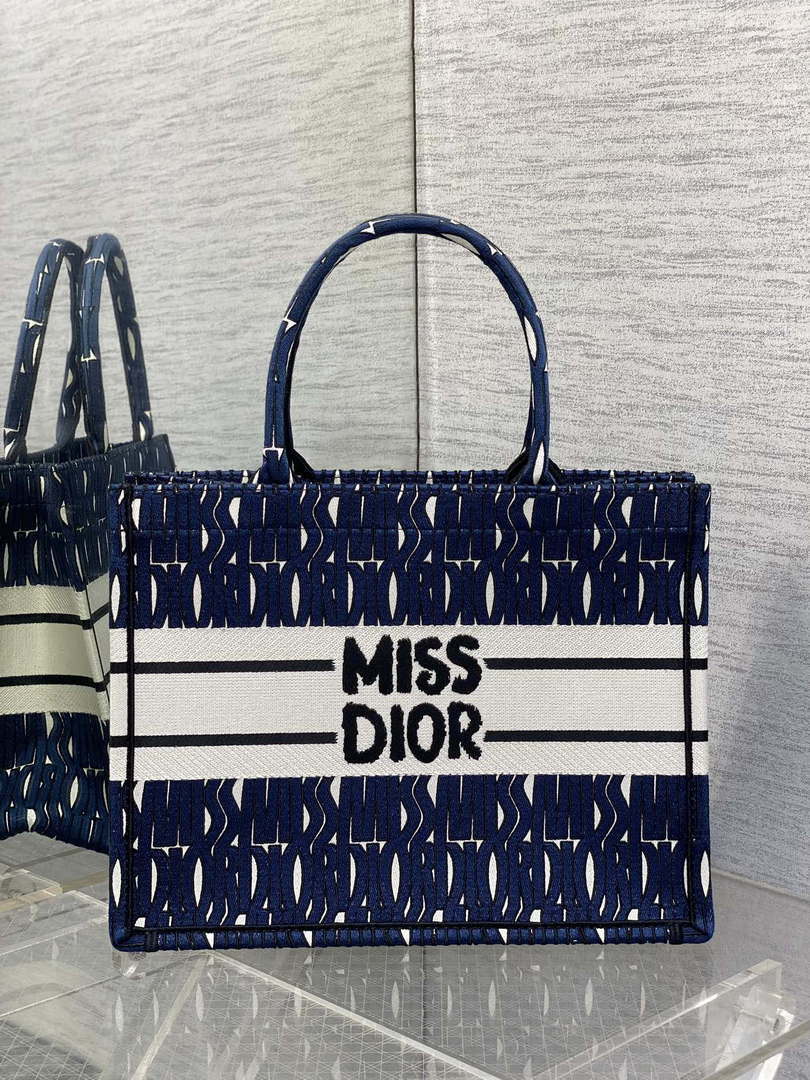 Dior M1296 Medium Book Tote Blue and Black Miss Dior Allover Embroidery M9639
