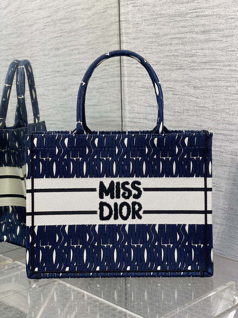 Dior M1296 Medium Book Tote Blue and Black Miss Dior Allover Embroidery M9639