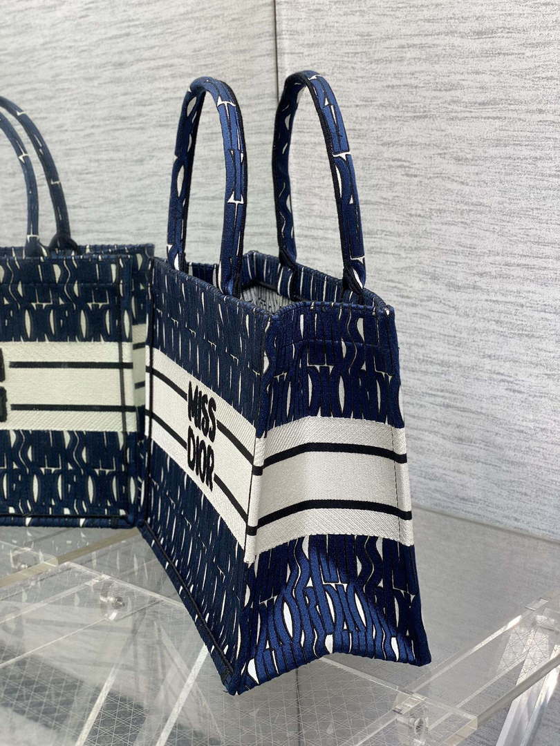 Dior M1296 Medium Book Tote Blue and Black Miss Dior Allover Embroidery M9639