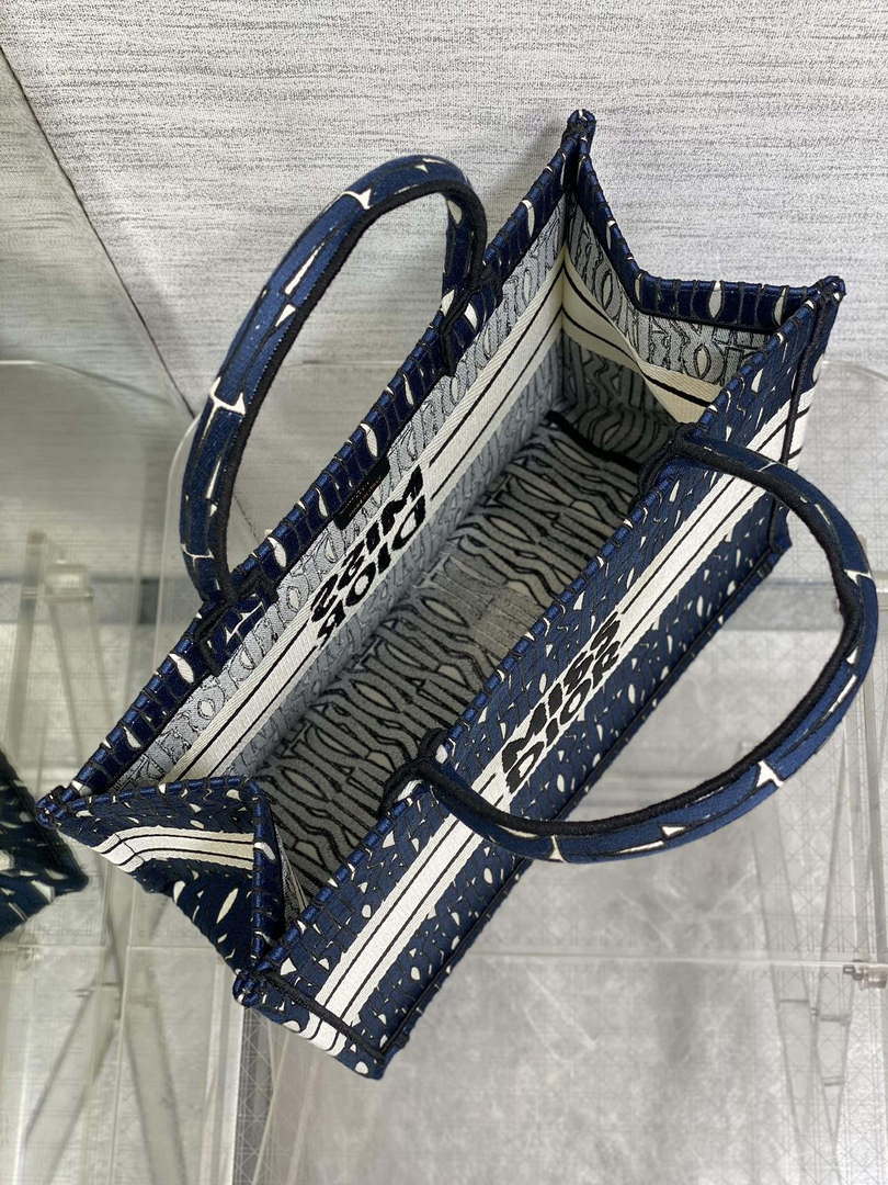 Dior M1296 Medium Book Tote Blue and Black Miss Dior Allover Embroidery M9639