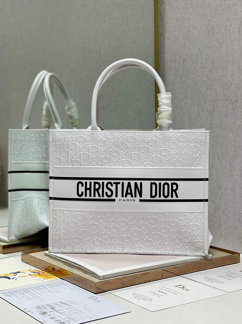 Dior M1296 Medium Book Tote White Perforated and Embossed Oblique Calfskin - Default Title - View 1