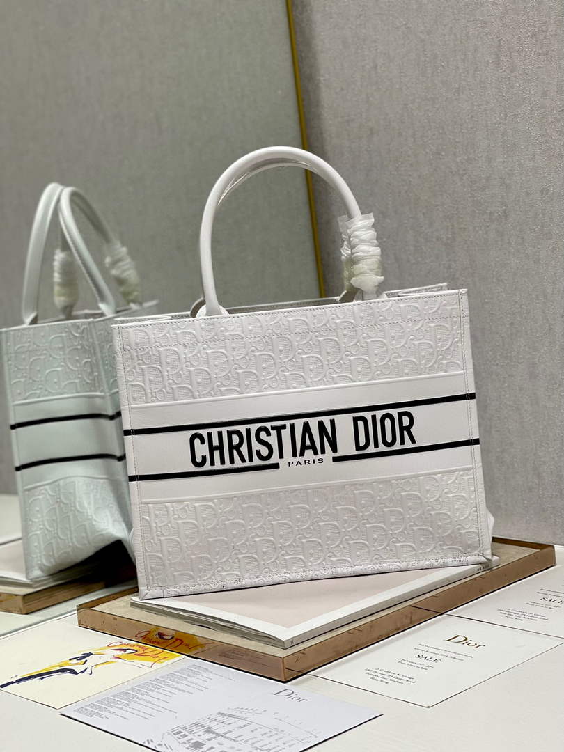 Dior M1296 Medium Book Tote White Perforated and Embossed Oblique Calfskin