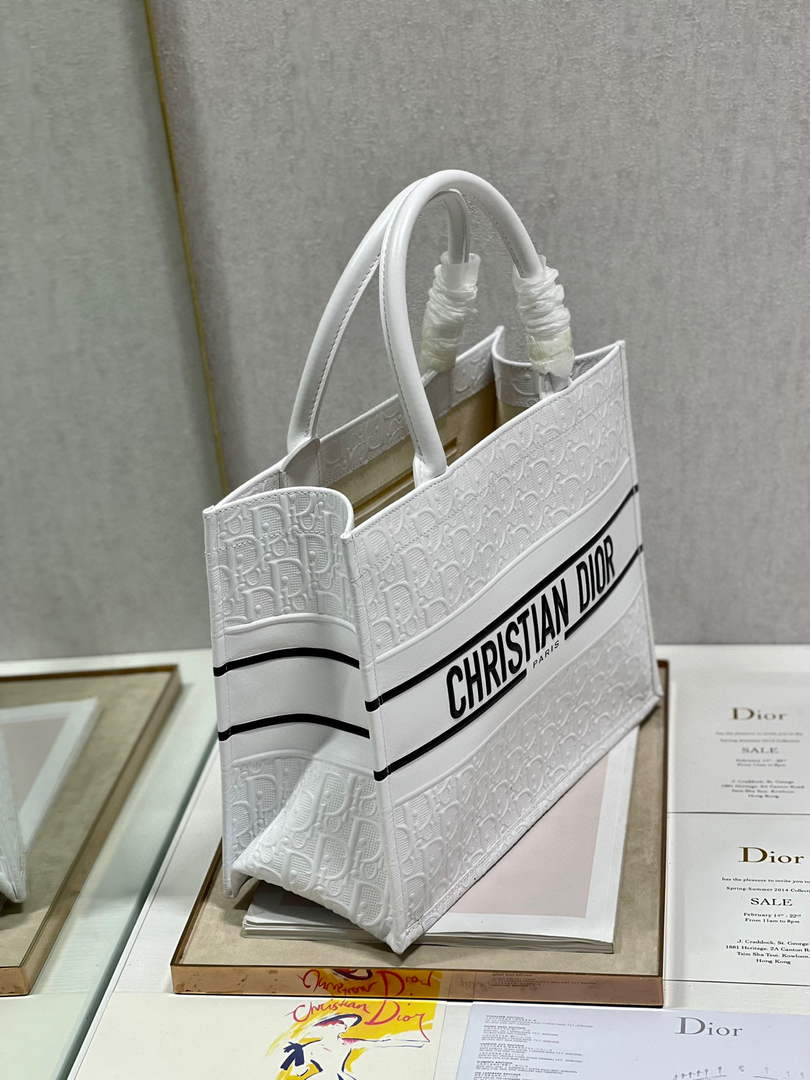 Dior M1296 Medium Book Tote White Perforated and Embossed Oblique Calfskin
