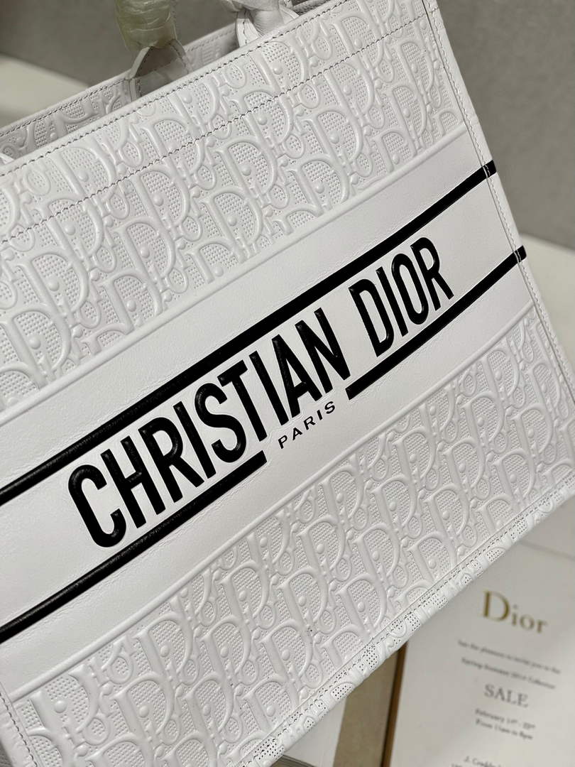 Dior M1296 Medium Book Tote White Perforated and Embossed Oblique Calfskin